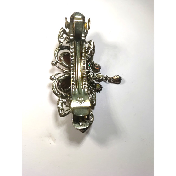 Hair Barrette Tension Clip Antique Gold Tone Rust Colored Beads Rhinestone - Picture 4 of 5